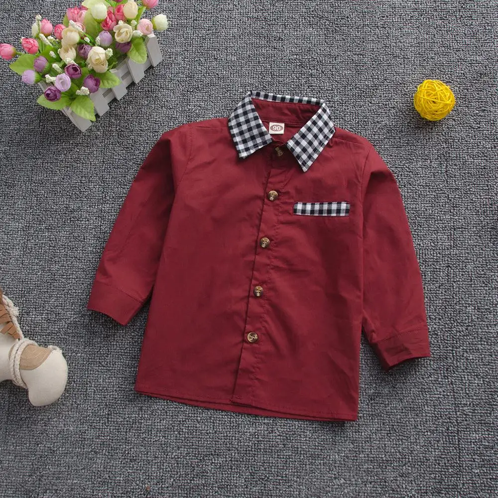 Топы для мальчиков рубашка малышей Однотонный клетчатый топ с длинными рукавами
