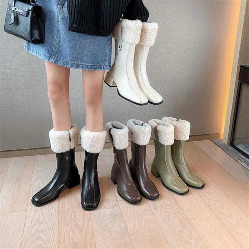 

2021 New Winter Fashion Women Boots Lamb Wool Real Wool Boots Square Toe Female Thick Heel Knee High Boots High Heels