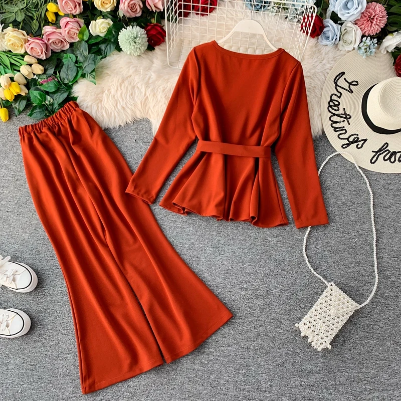 ALPHALMODA модный костюм с длинными рукавами пуловер пояс-кушак наряд+ расклешенные ноги дамы 2 шт брюки костюмы сплошной осенний комплект одежды