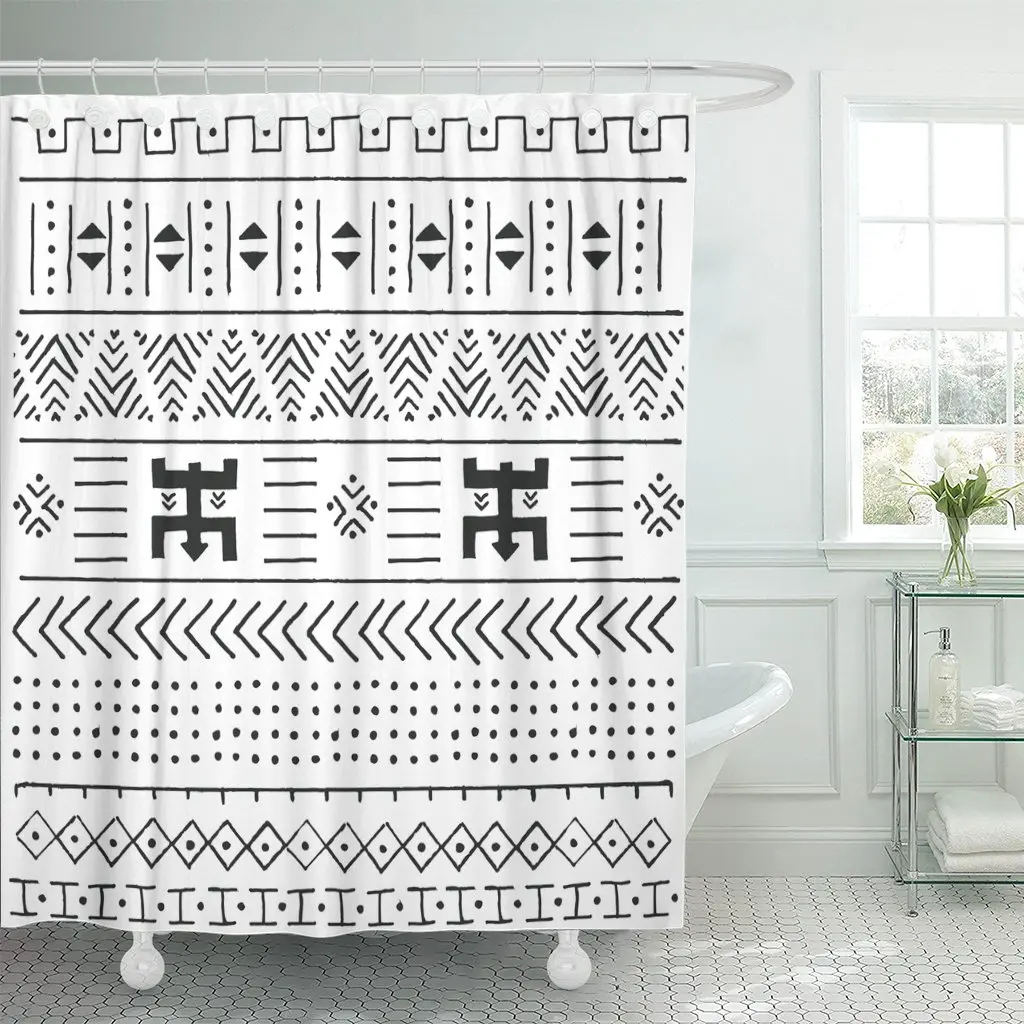 

Black and White Tribal Ethnic Pattern Geometric Traditional African Shower Curtain Waterproof Polyester Fabric 60 x 72 Inches
