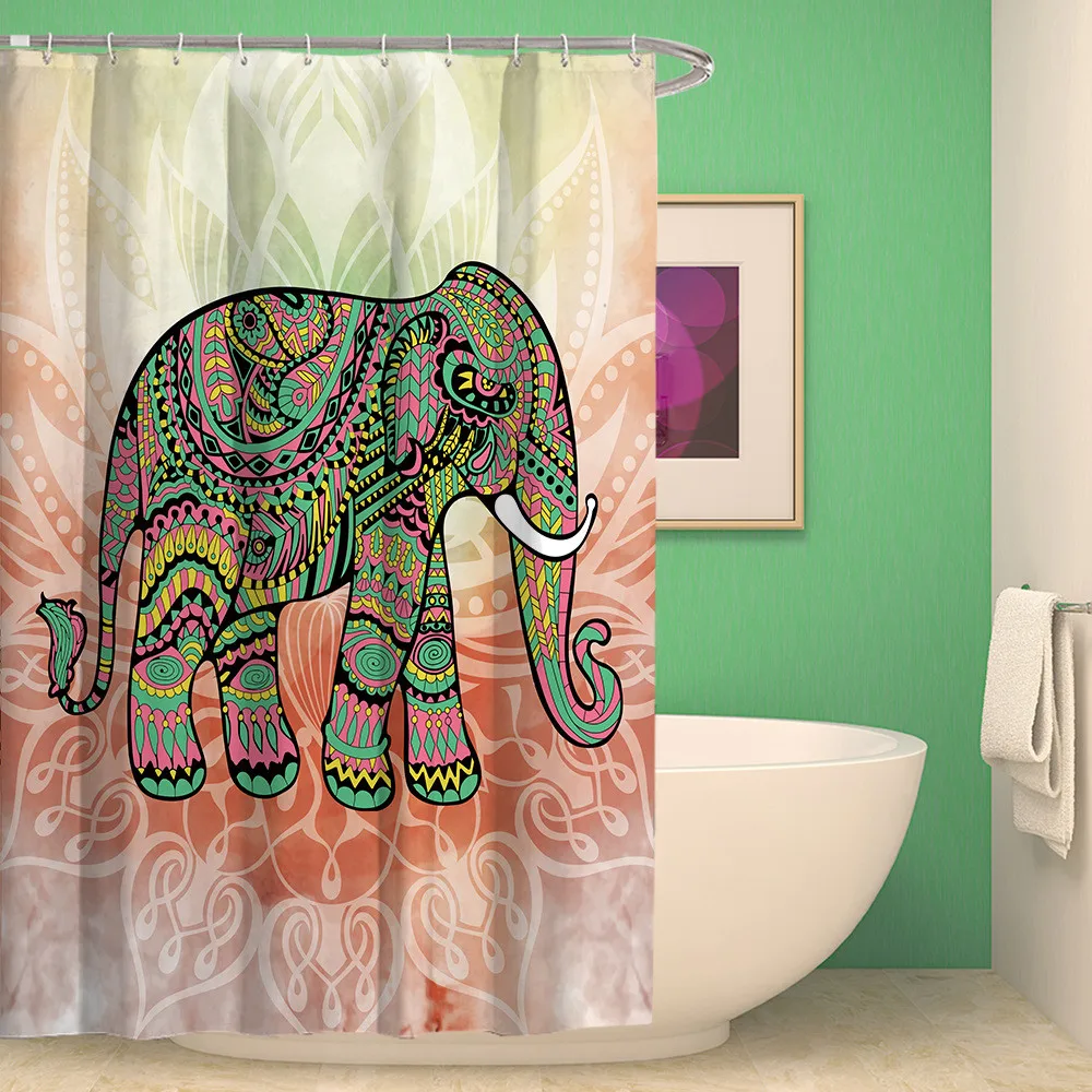 

Indian Colorful Elephant Printed Waterproof Polyester Shower Curtain Coral Velvet Bath Set