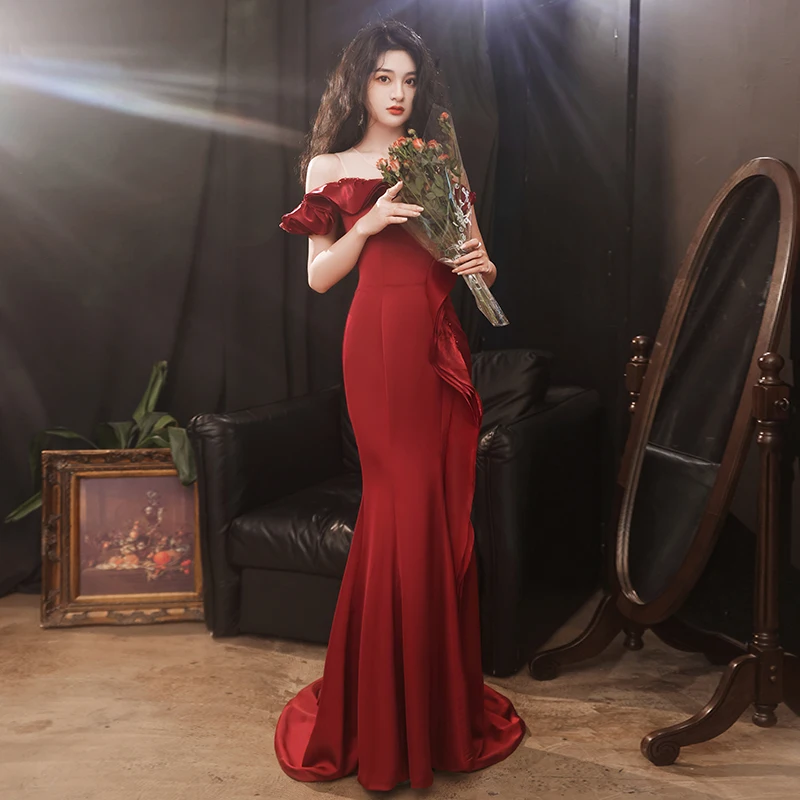 

Evening Dress Ruffles Short Sleeves Empire Floor-Length Boat Neck Simple Fashion Mermaid Satin Woman Formal Party Gowns A1186