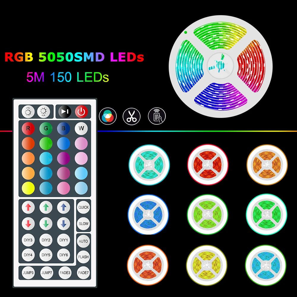 

Светодиодные ленты 16,4 фута. Цветная (RGB) 150 светодиодный s огни с 44-клавишный пульт ИК-пульт дистанционного управления 20 Цвет s 6 режимов 8 преду...