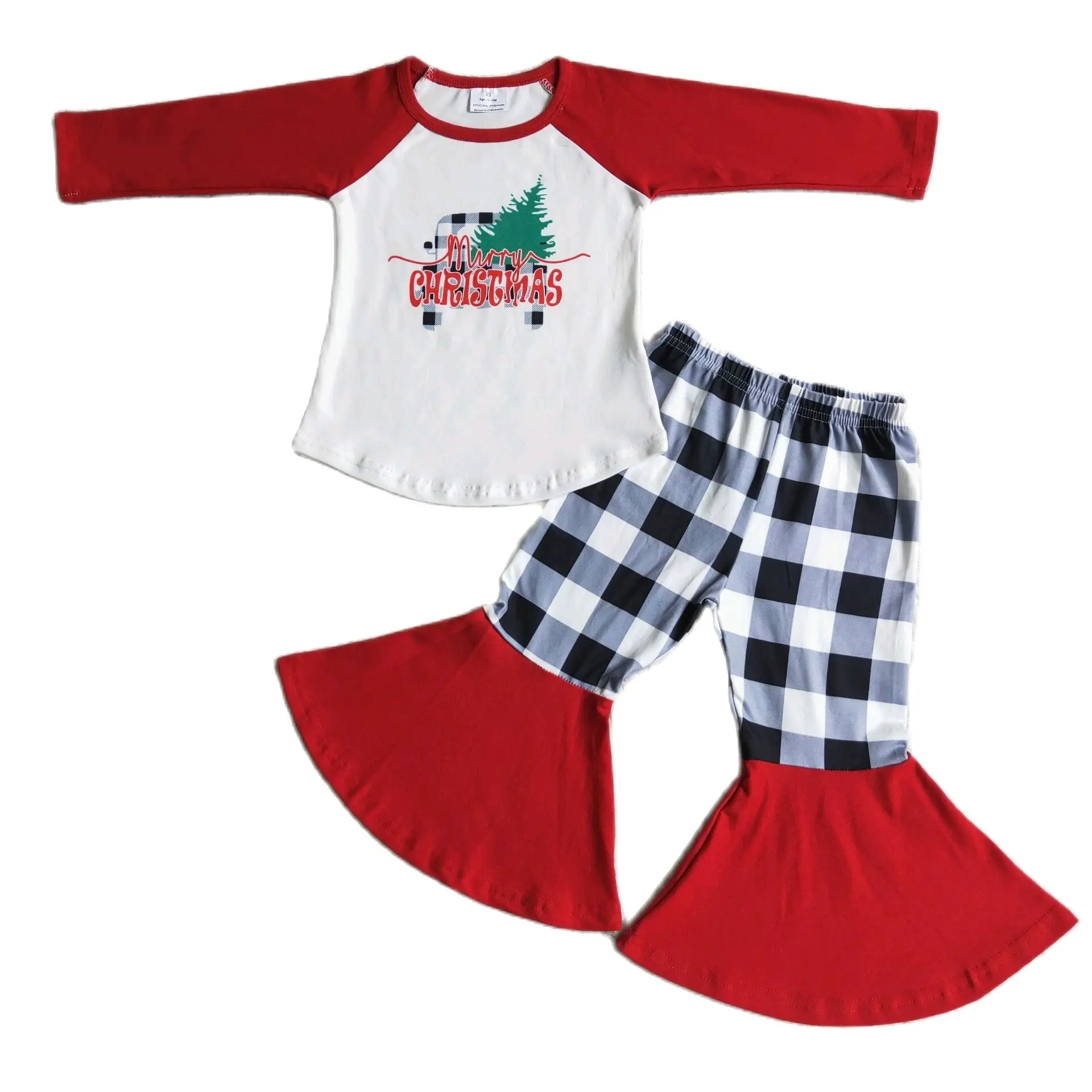

С Рождеством, футболка с длинным рукавом реглан для маленьких девочек, топ, клетчатые штаны с колокольчиком, детская одежда для малышей, комплекты одежды