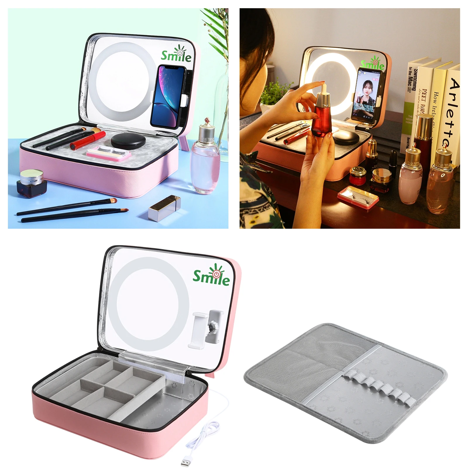 

Multi-functional LED Ring Light Kit 4 in 1 Makeup Mirror Cosmetic Storage Box Phone Clip LED Ring Fill Light for Streaming