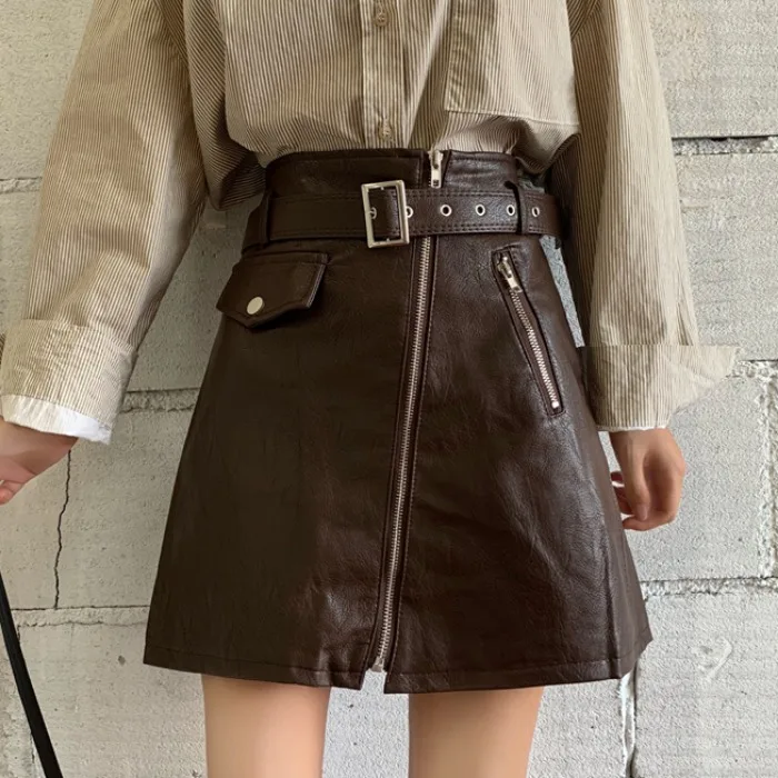 

2020 spring and autumn women's new high waist was thin PU leather A-line skirt package hip skirt