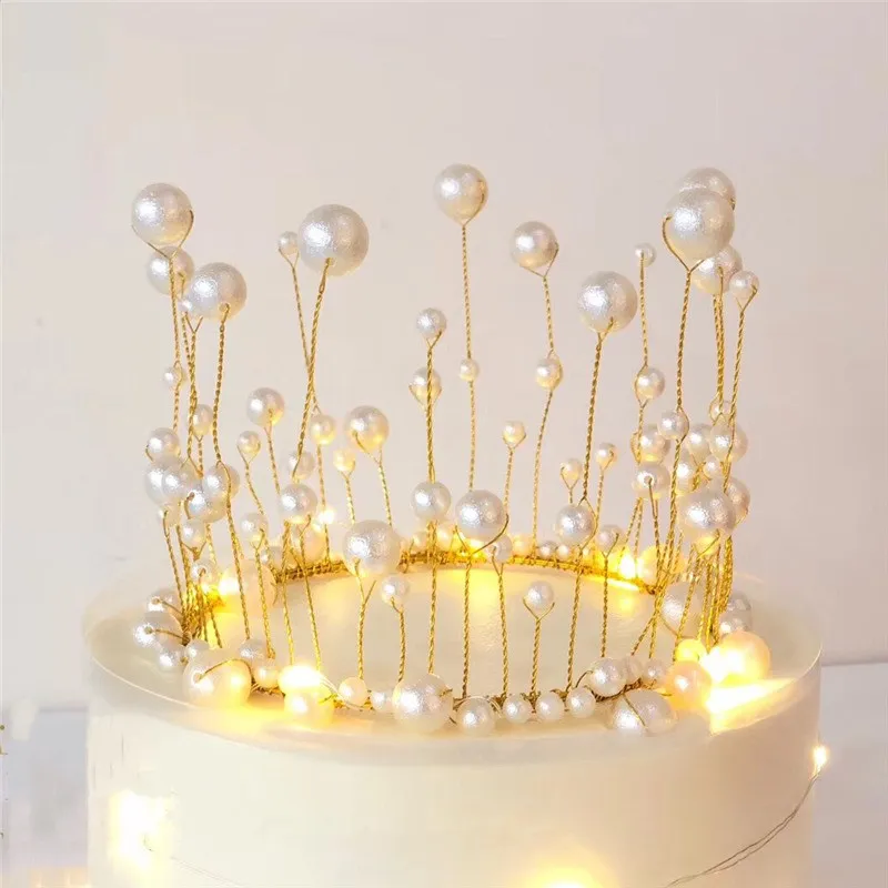 

Artificial Pearl Crown Cake Topper Sweet 18 Birthday Princess Pearl Crown Seaweed Crown For Wedding Party Cake Baking Supplies