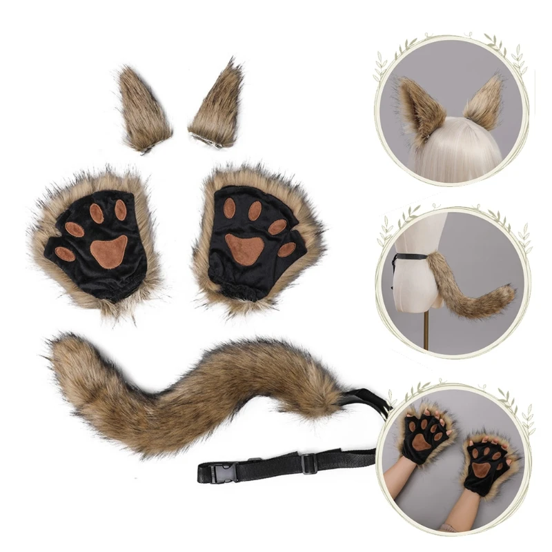 

5 Pieces Animal Roleplay Furry Set Cat Ear Headwear Gloves Wolf Tail Anime Lolita Gothic Accessory for Costume Party