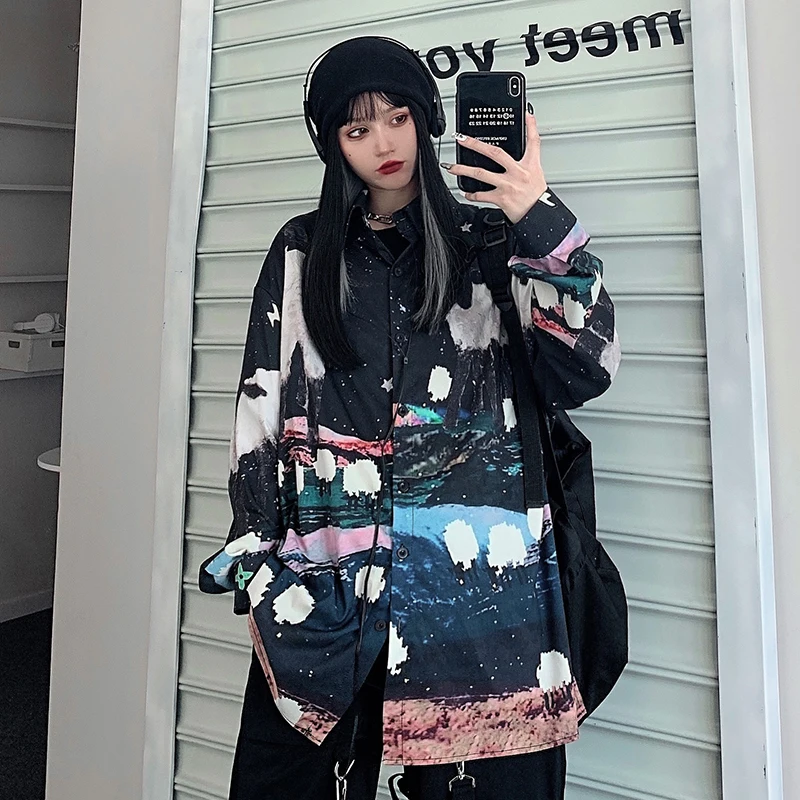 

Harajuku Style Dark Line Women's Shirt Personalized Positioning Printing Harajuku Streetwear Clothes Loose Long-sleeved Blouse