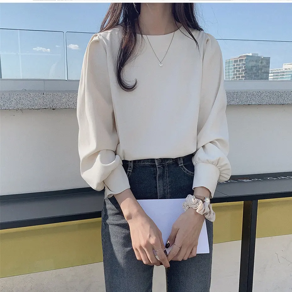 

COIGARSAM Brief Full Sleeve blouse women Solid O-Neck blusas womens tops and blouses Blue Apricot 3260