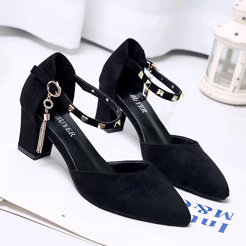 

2020 new suede shallow Pointed Toe rivet high heels summer Korean fashion thick heel Buckle Strap dress high heels pumps 35-43