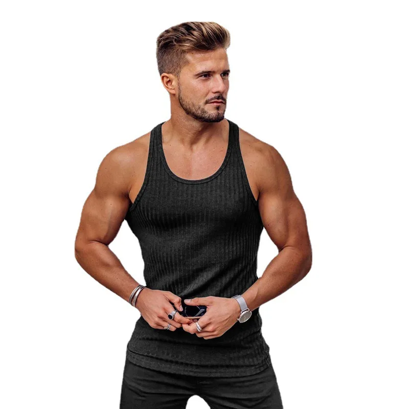 Fitness Sleeveless T Shirt Knitted Slim Fit Vest Sports Strips Gym Stringer Tank Top Men Solid Fashion Singlets Summer Clothing