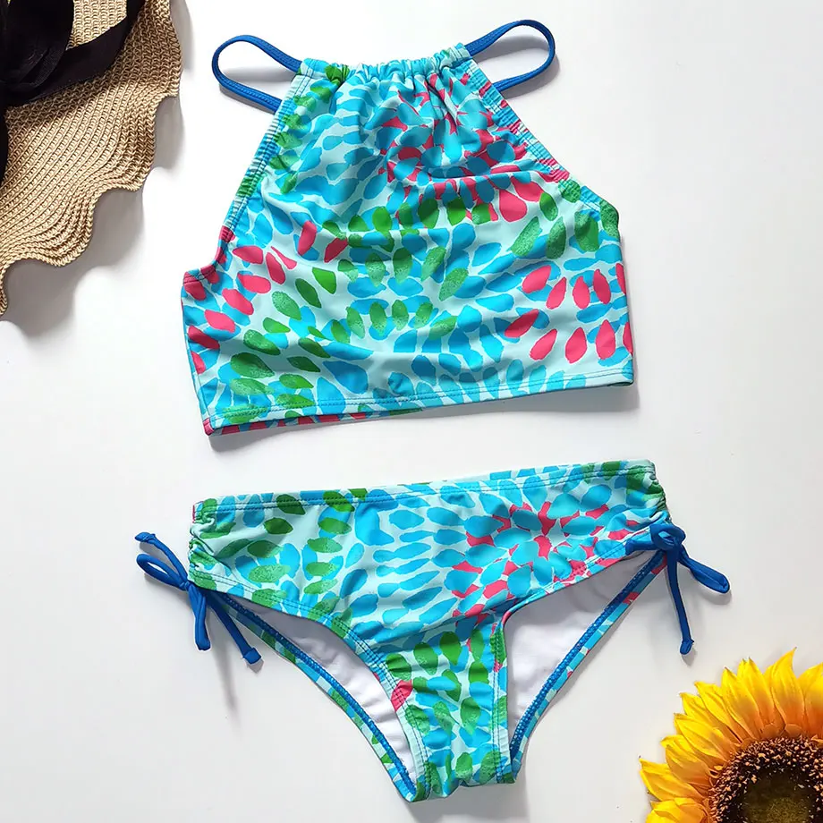 От 5 до 14 лет купальник с цветочным рисунком для девочек Детский комплект бикини