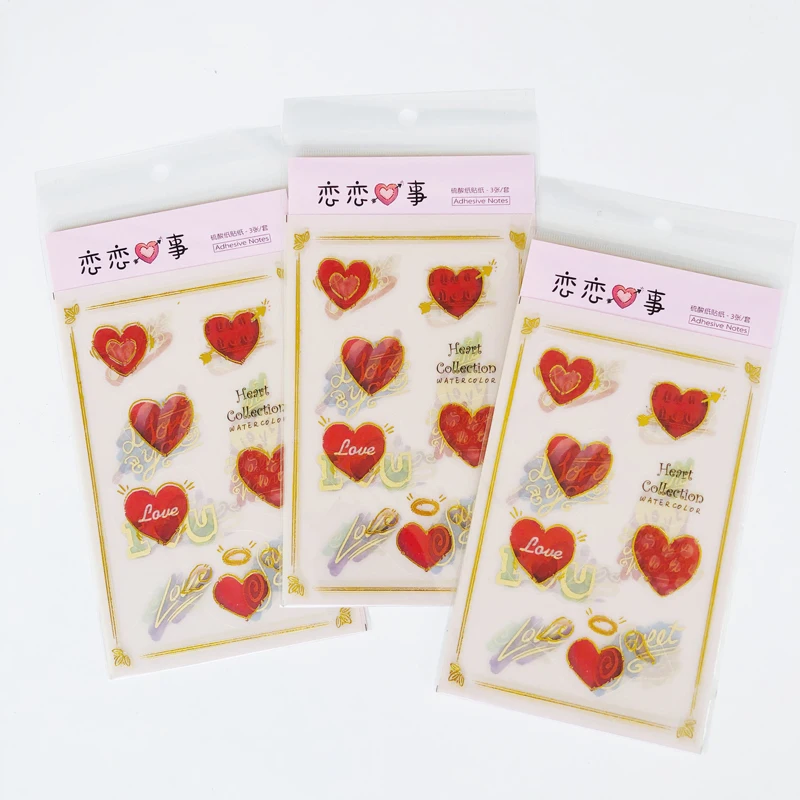 

3 Sheets/Pack Love and Heart DIY Golden Bling Paper Decorative Stickers Stick Label