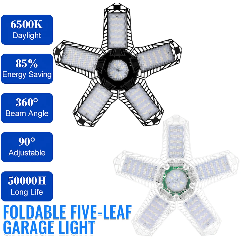 

LED Five Leaf Light Foldable Garage Lighting LED Ceiling ABS+PC Black/Transpare Lamp Deformation for Warehouse Parking Lot