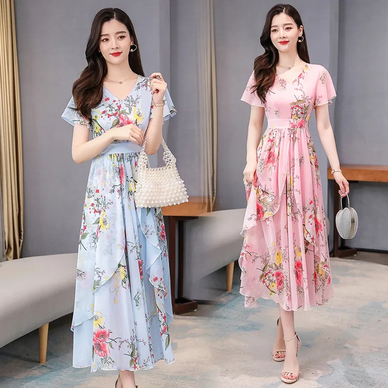 

2020 новые летние платья корейская мода темперамент v-образным вырезом Высокая талия печатных шифон Цветочные платья для женщин m425