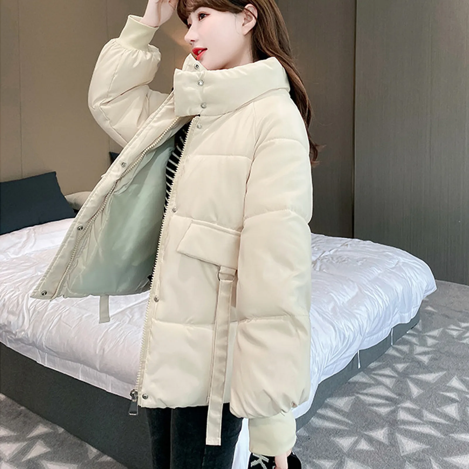 

Женская однотонная утепленная хлопковая куртка, пуховик из хлопка, теплая верхняя одежда на осень и зиму, Женская свободная парка с воротни...