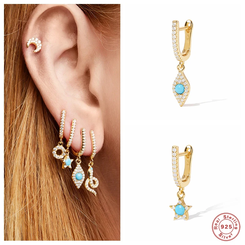 

Aide 925 Sterling Silver Turquoise Diamond Charm Hoop Earrings For Women U Buckle With Star Pendant Earring Hoops Party Jewelry