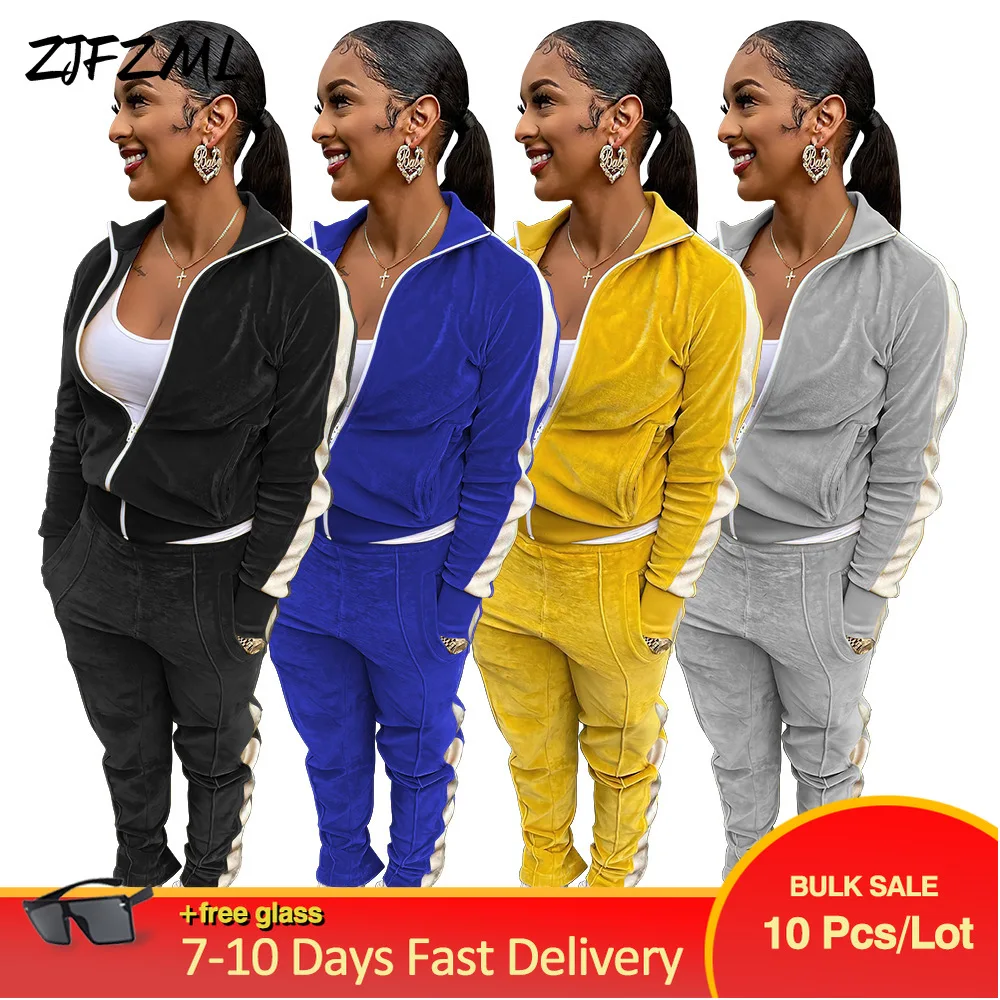 

Wholesale Bulk Items Lots Casual Athleisure Suits Women's Sporty Clothing Velvet Side Striped Workout Coat+bodycon Trousers