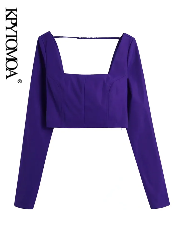 

KPYTOMOA Women Fashion With Square Collar Cropped Blouses Vintage Long Sleeve Side Zipper Female Shirts Blusas Chic Tops