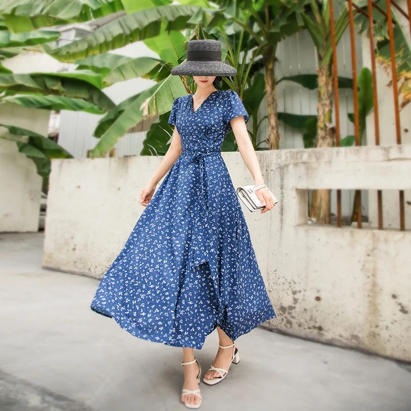 

J698-New summer fit Chiffon floral short sleeve long skirt dress