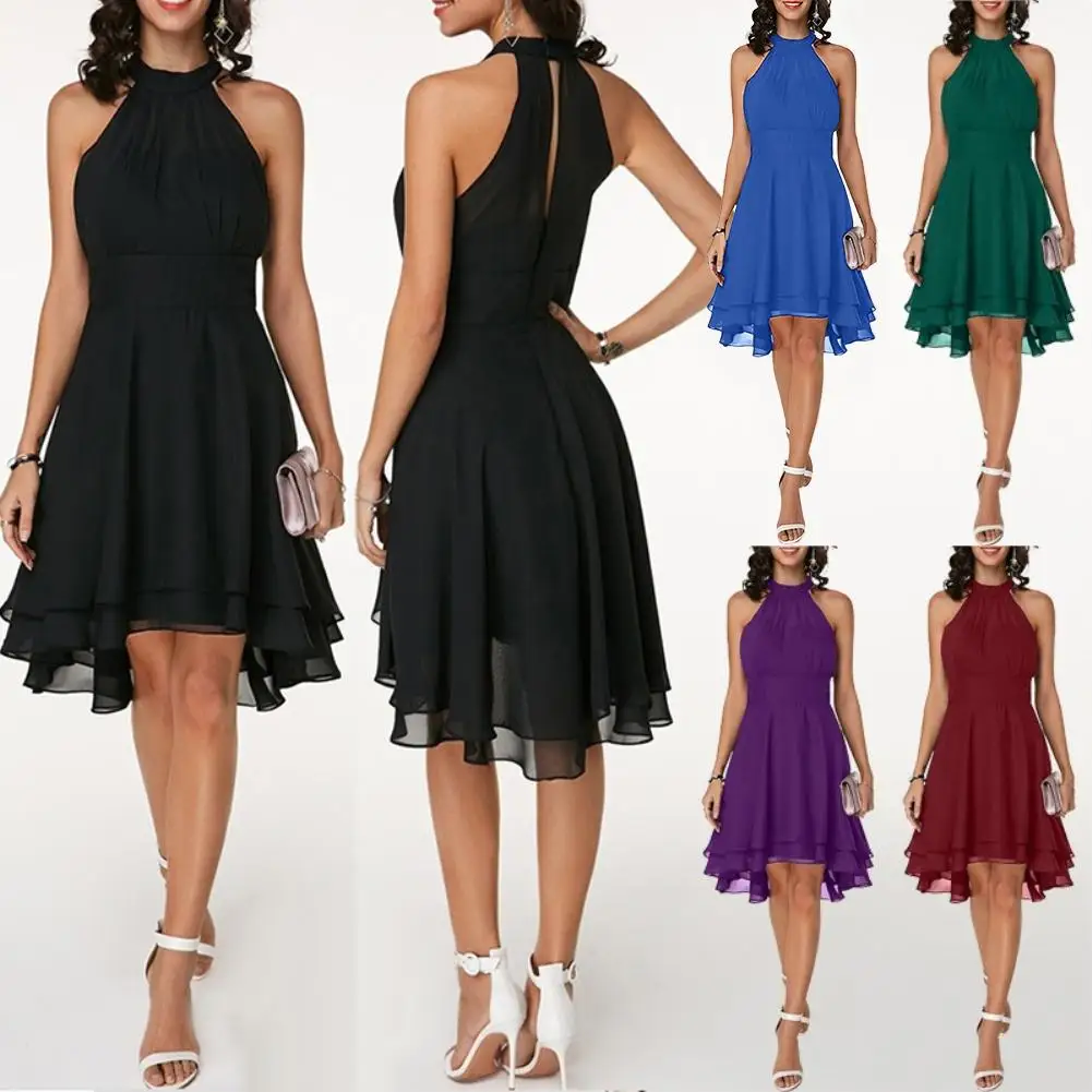 

Sexy Women Plus Size Sleeveless High Waist Irregular Hem Cropped Layered Solid Chiffon Halter Party Dress