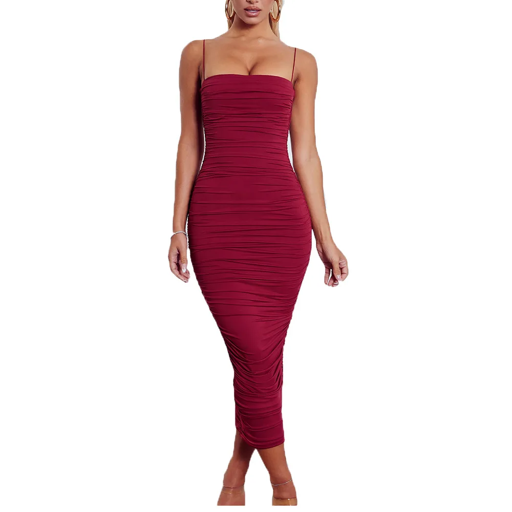 

Woman Dress Summer Popular Fashion Pleated Spaghetti Strap Dress Ladies Street Style Sexy Club Sheath Mesh Suspender Dress