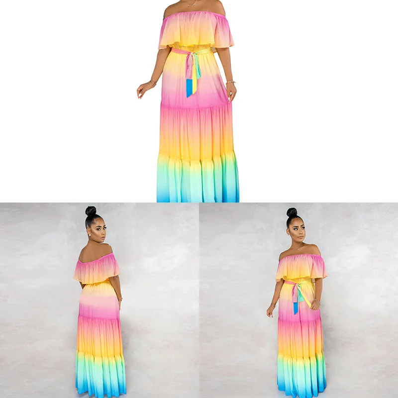 

Женское платье с поясом, длинное летнее Повседневное платье с оборками и открытыми плечами