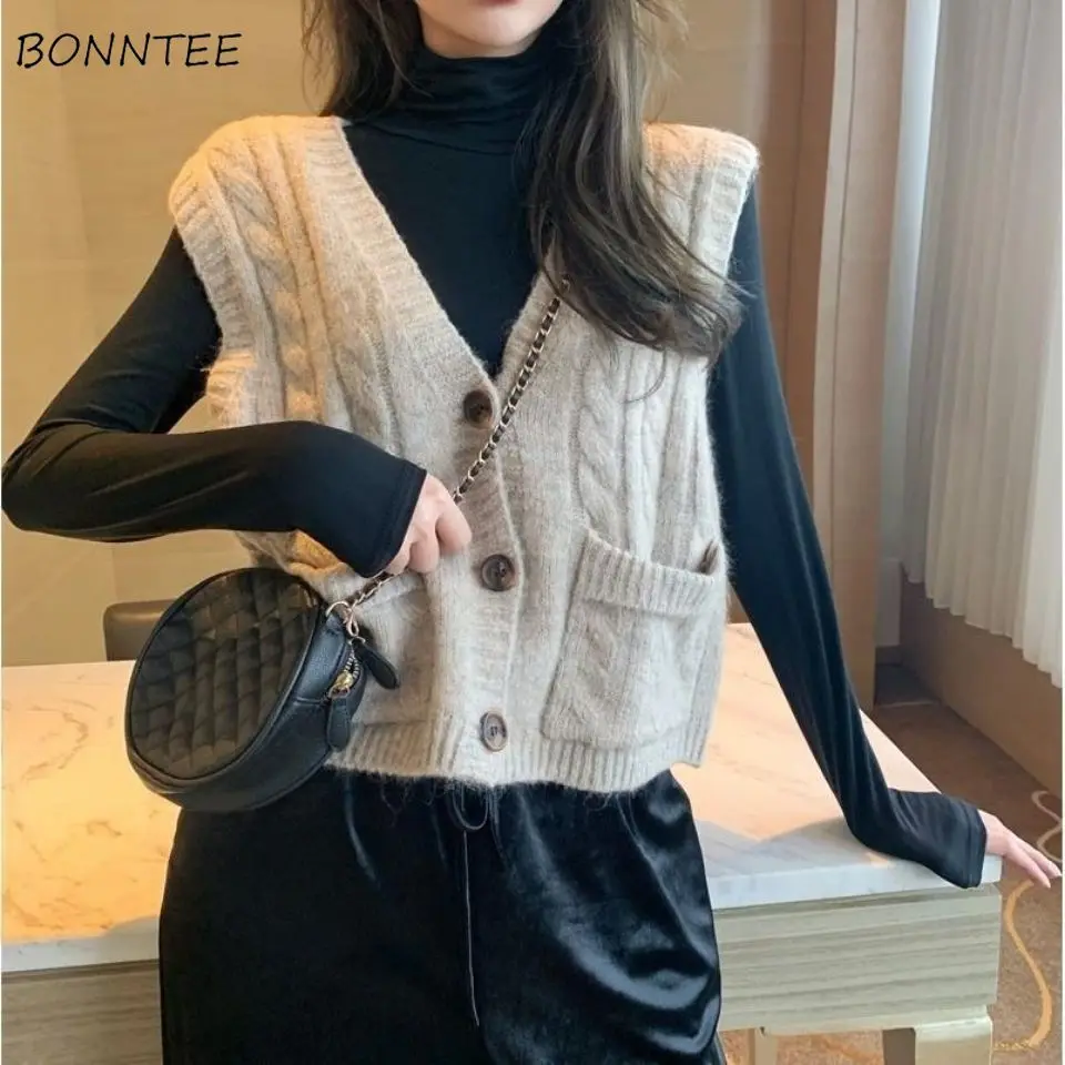 

Sweater Vest Women Pockets Solid College All Match V-Neck Sleeveless Elegant Female Single Breasted Leisure Fashion Popular New