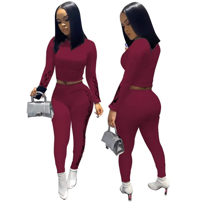 

Women Two Pieces Set Sportswear Autumn Spring Fitness Print Streetwear Long Sleeve T-shirt Crop Tops High Waist Pants