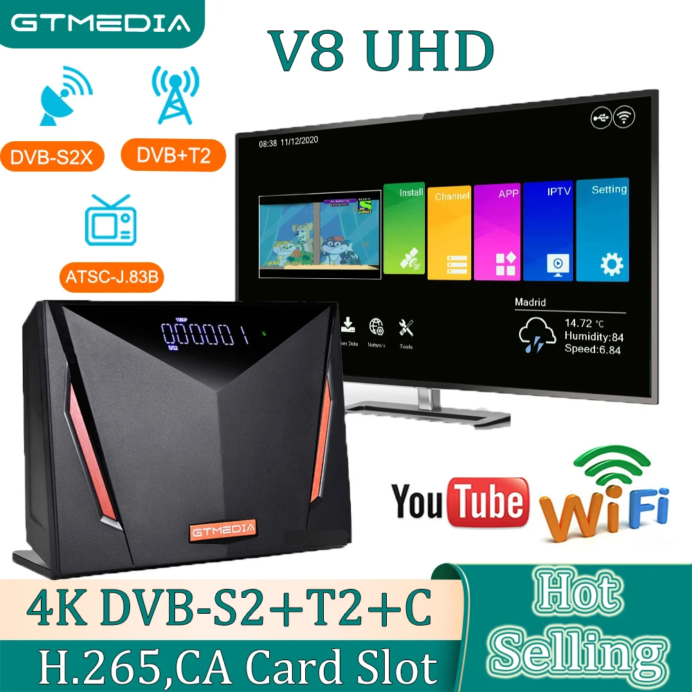 

Спутниковый ТВ-ресивер GTmedia V8 UHD, стандартный кабель, Combo H.265 4K Ultra HD, встроенный Wi-Fi, Разъем для карты CA, pk V8 NOVA V8X CCAM