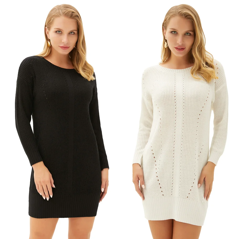 Теплое платье-свитер женское открытое трикотажное платье осень-зима однотонное