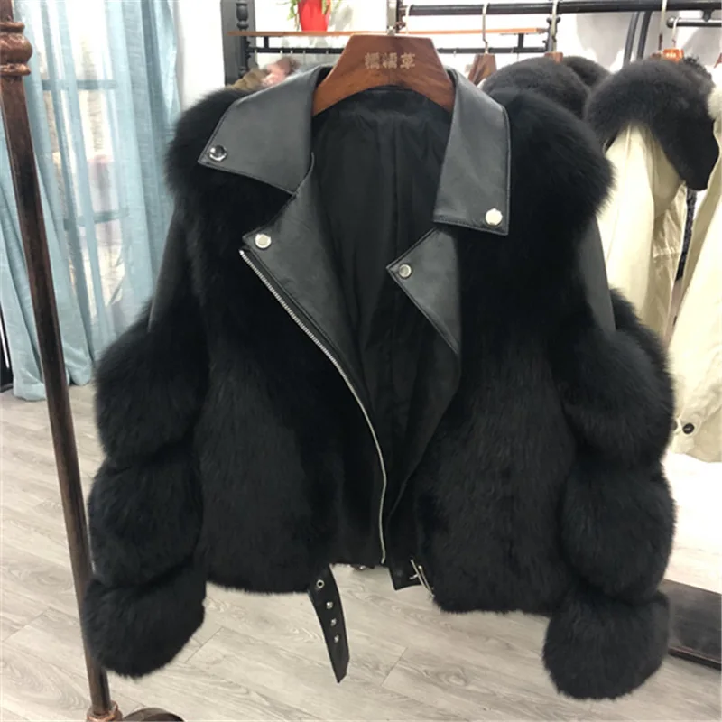 Chaqueta de piel de zorro sintética para mujer, abrigo de invierno, color negro, nueva