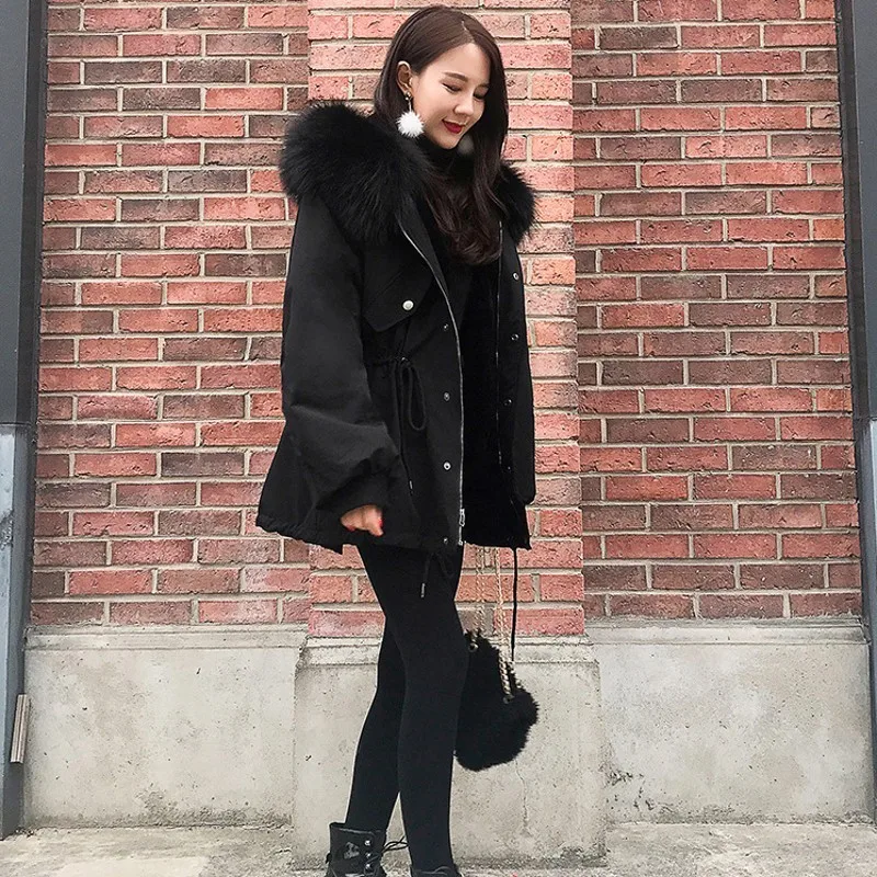 

Winter Warm Autumn Korean Hooded Thick Womens Cotton Parkas Casual Long Sleeve Faux Fur Collar Female Loose Medium Length Coats