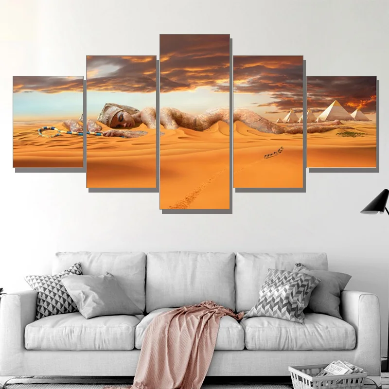 

5 Panel Diamond Painting Egyptian Pyramids Painting full,square,round embroidery mosaic Sunset Desert Goddess Portrait Wall Art