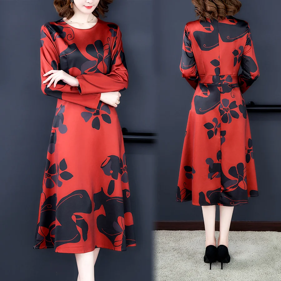 Женские винтажные красные платья миди с принтом на осень и зиму 4XL размера плюс