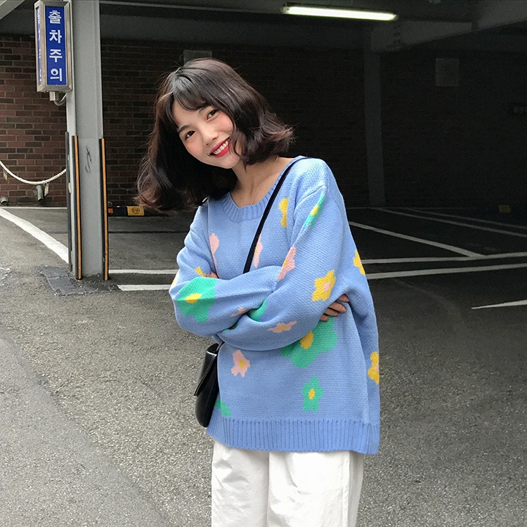 Винтажные очаровательные Цвет с цветами свитер женский в Корейском стиле Harajuku