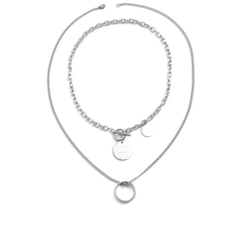 

POTCET Unisex Stainless Steel Double Round Brand Titanium Steel Necklace Pendant Geometric Fashion Hip Hop Party Jewelry