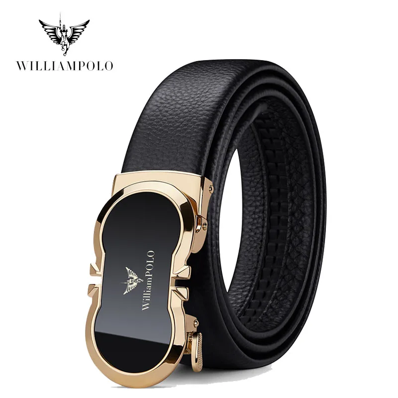 WILLIAMPOLO Belt Men Genuine Leather Strap Automatic Buckle Bulliant Slide Ratchet Belt For Men Dress Pant Shirt PL20775-77P