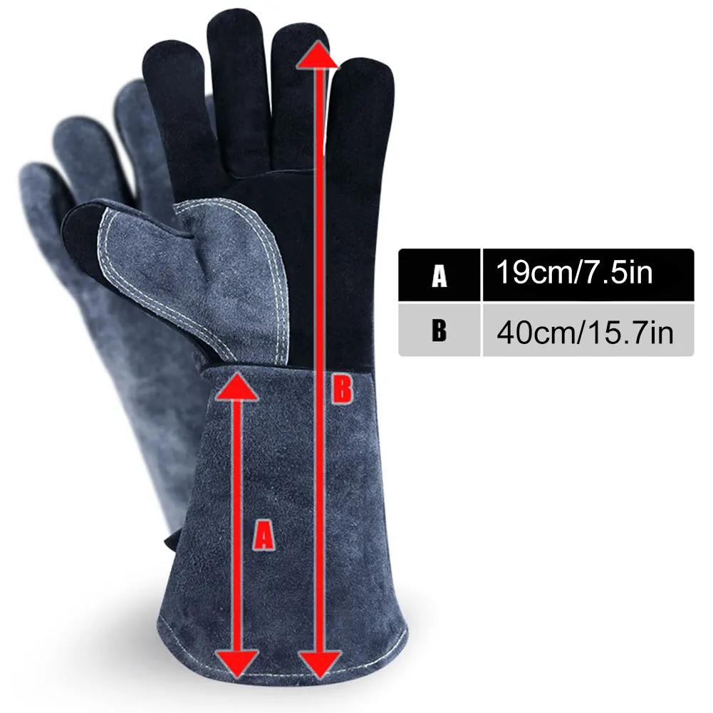 

16inch BBQ Gloves Heat Fire Resistant Cow Leather Oven Welding Mitts with Long Sleeve anti-scald gloves Heat Glove