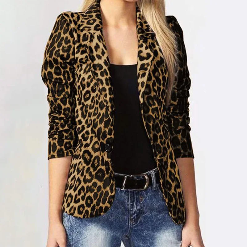 

Spring Autumn Single Button Women Cardigan Jacket Fashion Leopard Print Office Lady Blazer Coat Elegant Turn-down Collar Outwear