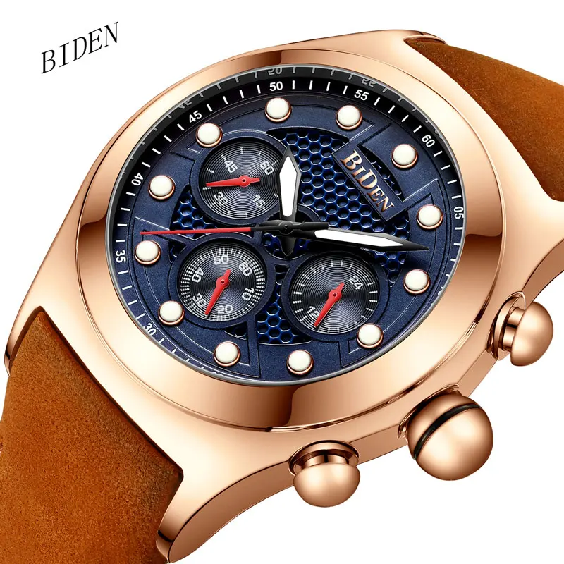 Часы хронограф Мужские кварцевые с 3 циферблатами и кожаным ремешком|Мужские