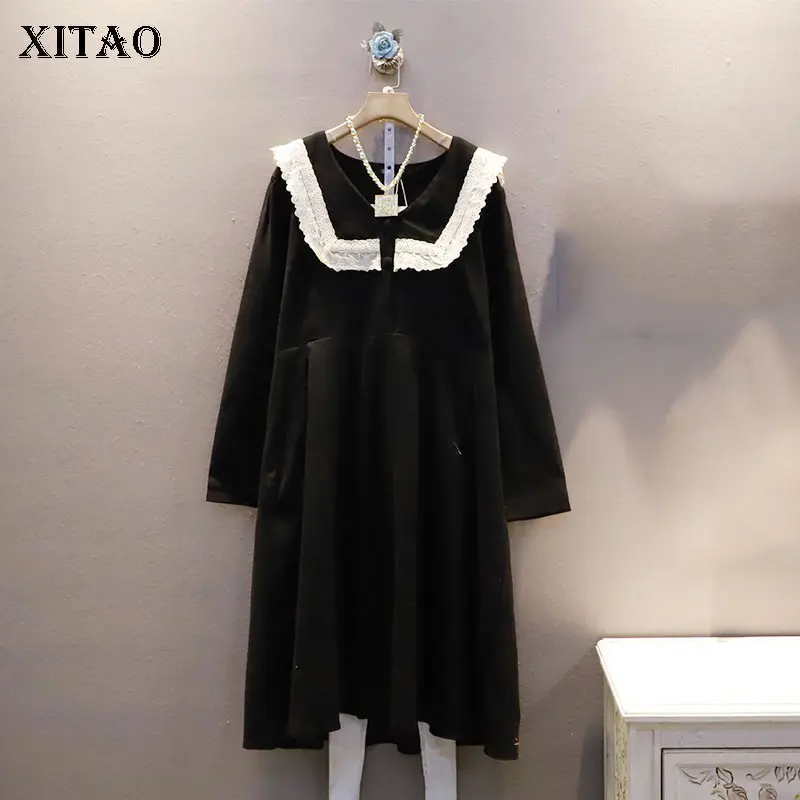 

XITAO Lace Navy Collar Dresses Fashion New Temperament Folds Long Sleeve Korea Loose Large Size Mid-length Women GWJ1753