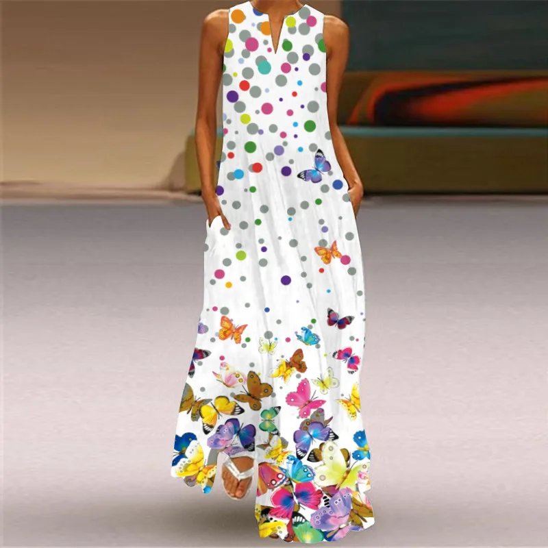 

Women Fashion Print Floral Sexy Boho Summer Dress V-Neck Sleeveless Pocket Beach Vintage Dresses Plus Size Casual Long Dress New