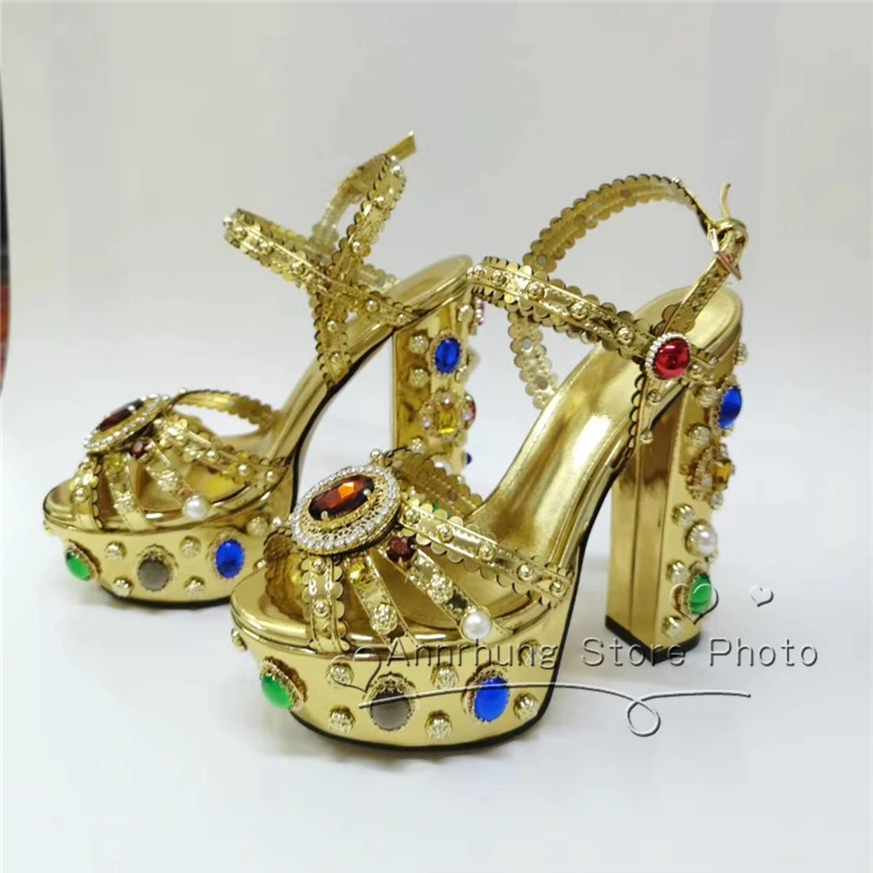 Женские сандалии гладиаторы красочные стразы на массивной платформе и высоком