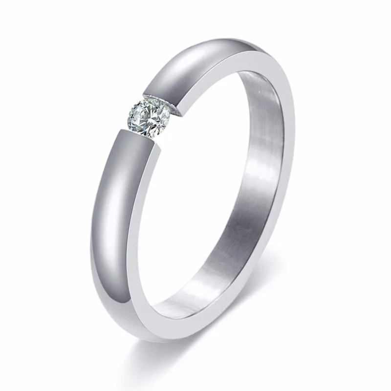 

KURSHUNI 3mm Simple High Polished 4 Colors Stainless Steel Cubic Zirconia Stone Engagement Wedding Rings for Woman