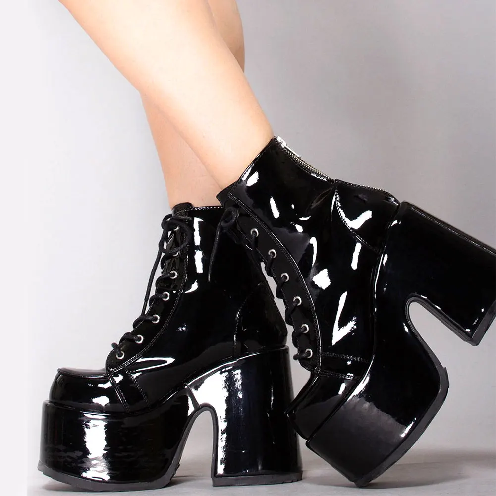 

Brand New Big Size 43 Platform Gothic Style Shoelace Zipper Extreme High Block Heels Comfy Walking Motorcycles Boots Shoes Woman