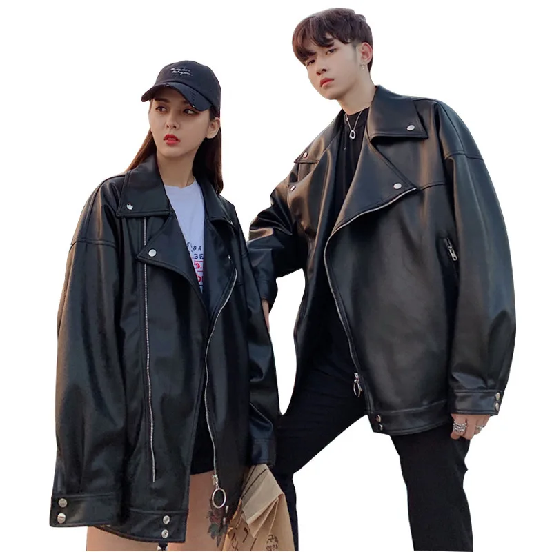 

Leather Jackets Couple Winter Loose Black PU Leather Jacket Men's Handsome Motorcycle Jacket Korean Casual Simple Windproof Tops