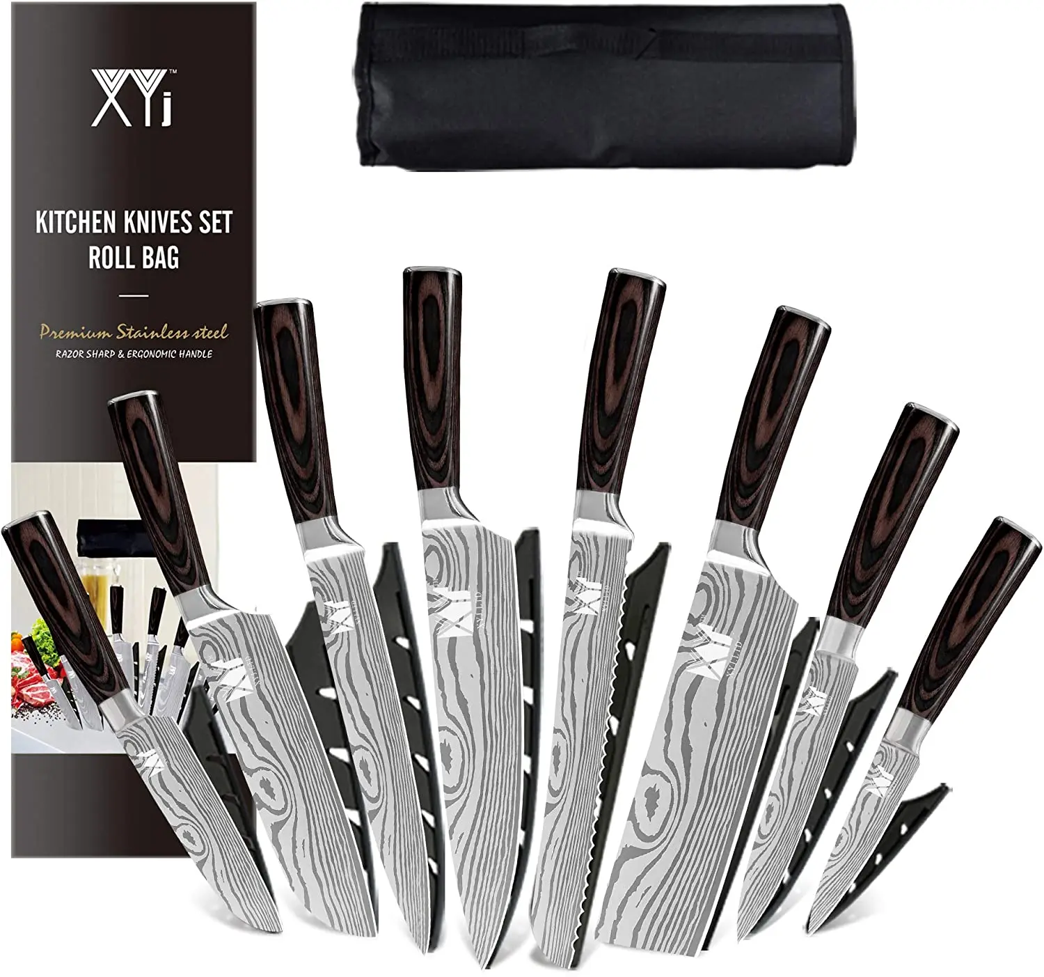 

XYJ 8-pieces Stainless Steel Chef Knives Set Paring Utility Santoku Knife Cleaver Slicing Bread Kitchen Knife With Carrying Bag