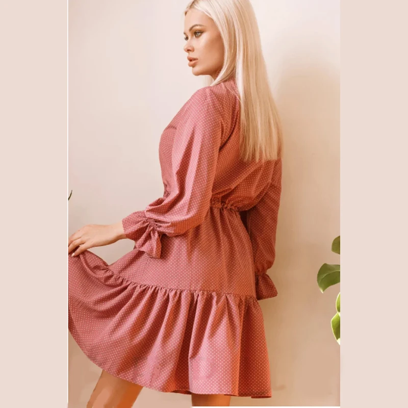 

Shyloli Vintage Bow Tie Collar Dot Print Mini Dresses Women Sweet Flare Sleeve Elastic Waist Dress 2020 Autumn New Arrival